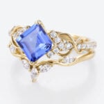 1.4ct Princess Cut Infinity Lab Sapphire Ring Set with Curved Leaf Band in Yellow Gold