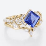 1.4ct Princess Cut Infinity Lab Sapphire Ring Set with Curved Leaf Band in Yellow Gold