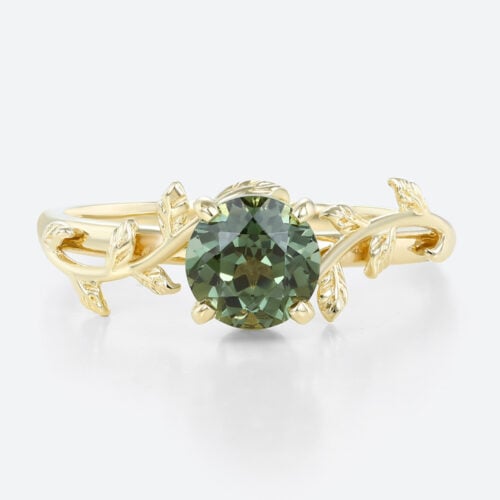 Solitaire Green Sapphire Ring Round Cut Nature-Inspired Bridal Ring in Yellow Gold