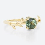 Solitaire Green Sapphire Ring Round Cut Nature-Inspired Bridal Ring in Yellow Gold