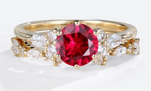 1ct Round Cut Lab Ruby Engagement Ring Set with Exquisite Band in Yellow Gold