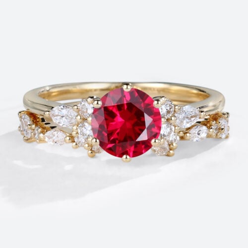 1ct Round Cut Lab Ruby Engagement Ring Set with Exquisite Band in Yellow Gold