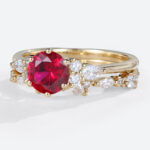 1ct Round Cut Lab Ruby Engagement Ring Set with Exquisite Band in Yellow Gold