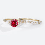 1ct Round Cut Lab Ruby Engagement Ring Set with Exquisite Band in Yellow Gold