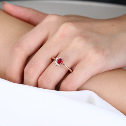 Round Cut Lab Ruby Engagement Rings 0.5ct Cluster Bridal Rings in Rose Gold