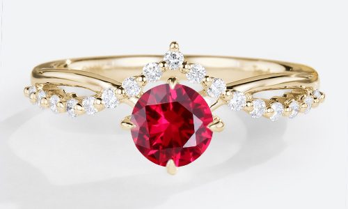 Round Cut Lab Ruby Engagement Ring 0.5ct Ruby Timeless Bridal Ring V-Style Accents in Yellow Gold