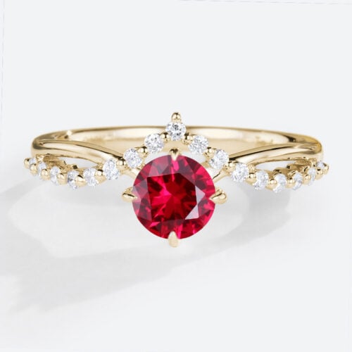 Round Cut Lab Ruby Engagement Ring 0.5ct Ruby Timeless Bridal Ring V-Style Accents in Yellow Gold