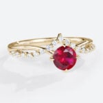 Round Cut Lab Ruby Engagement Ring 0.5ct Ruby Timeless Bridal Ring V-Style Accents in Yellow Gold