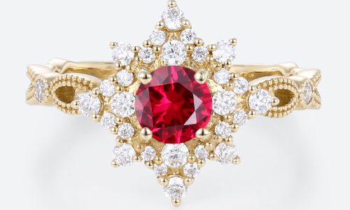 Yellow Gold 0.5ct Round Lab Ruby Engagement Ring with Diamond Star Design