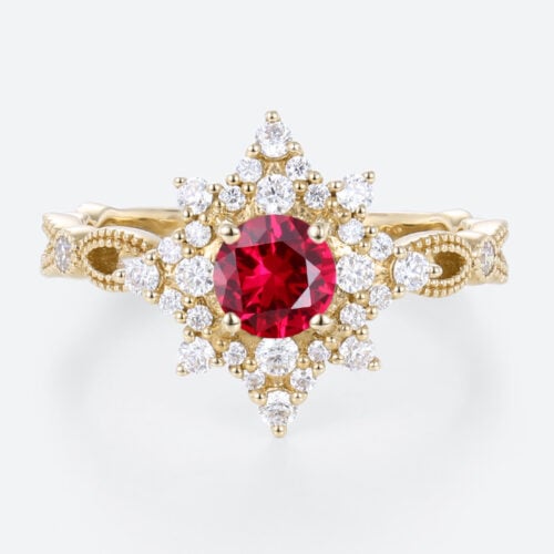 Yellow Gold 0.5ct Round Lab Ruby Engagement Ring with Diamond Star Design