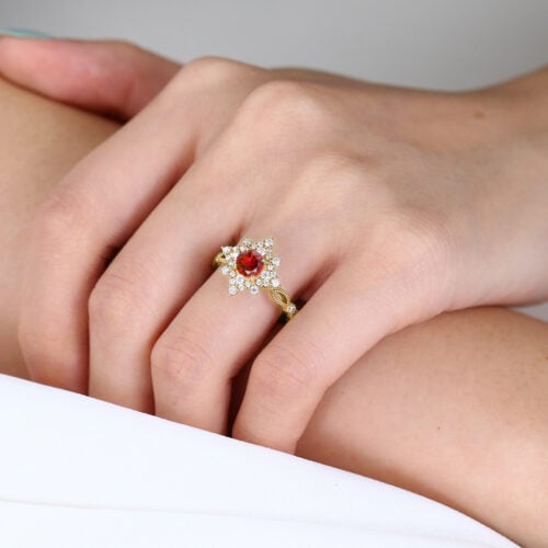 Yellow Gold 0.5ct Round Lab Ruby Engagement Ring with Diamond Star Design