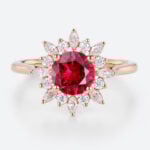 1ct Round Cut Lab Ruby and Diamond Ring with Sunflower Halo Vintage Engagement Rings in Rose Gold