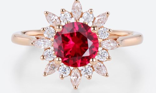 1ct Round Cut Lab Ruby and Diamond Ring with Sunflower Halo Vintage Engagement Rings in Rose Gold