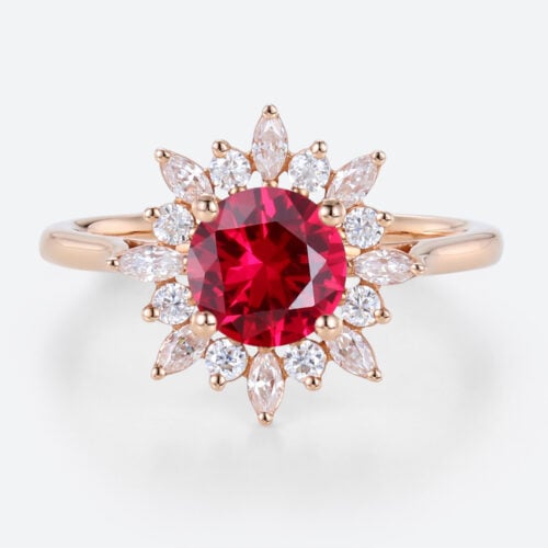 1ct Round Cut Lab Ruby and Diamond Ring with Sunflower Halo Vintage Engagement Rings in Rose Gold