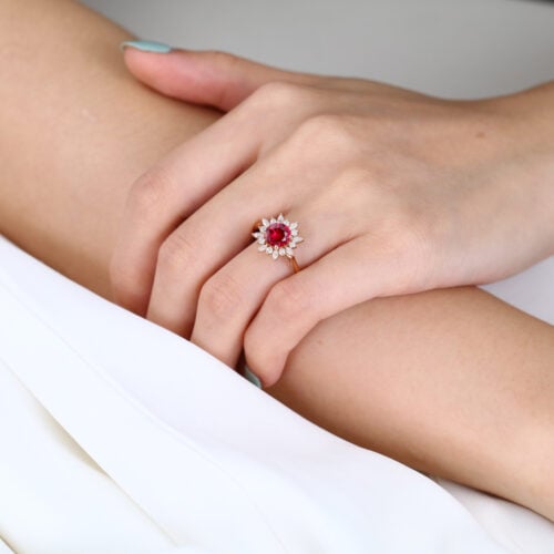 1ct Round Cut Lab Ruby and Diamond Ring with Sunflower Halo Vintage Engagement Rings in Rose Gold