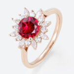 1ct Round Cut Lab Ruby and Diamond Ring with Sunflower Halo Vintage Engagement Rings in Rose Gold