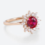 1ct Round Cut Lab Ruby and Diamond Ring with Sunflower Halo Vintage Engagement Rings in Rose Gold