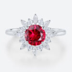 1ct Round Cut Lab Ruby and Diamond Ring with Sunflower Halo Vintage Engagement Rings in White Gold