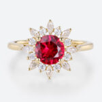 1ct Round Cut Lab Ruby and Diamond Ring with Sunflower Halo Vintage Engagement Rings in Yellow Gold
