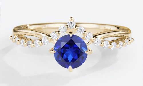 Round Cut Lab Sapphire Rings 0.5ct Chevron Bridal Engagement Rings in Yellow Gold