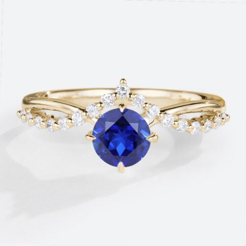 Round Cut Lab Sapphire Rings 0.5ct Chevron Bridal Engagement Rings in Yellow Gold