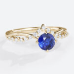 Round Cut Lab Sapphire Rings 0.5ct Chevron Bridal Engagement Rings in Yellow Gold