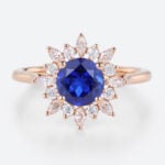 1ct Round Cut Lab Sapphire Ring Sunburst Halo Engagement Ring Cluster Bridal Ring in Rose Gold