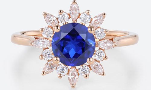 1ct Round Cut Lab Sapphire Ring Sunburst Halo Engagement Ring Cluster Bridal Ring in Rose Gold