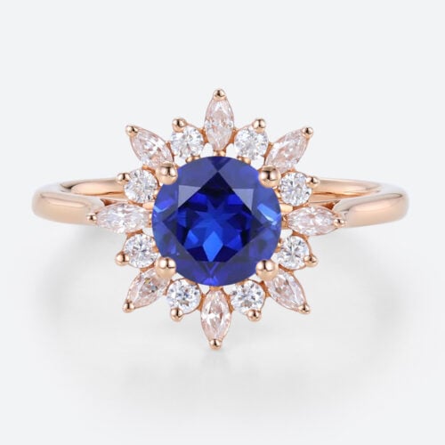 1ct Round Cut Lab Sapphire Ring Sunburst Halo Engagement Ring Cluster Bridal Ring in Rose Gold