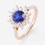 1ct Round Cut Lab Sapphire Ring Sunburst Halo Engagement Ring Cluster Bridal Ring in Rose Gold