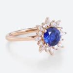 1ct Round Cut Lab Sapphire Ring Sunburst Halo Engagement Ring Cluster Bridal Ring in Rose Gold