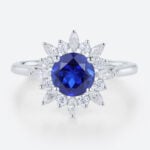 1ct Round Cut Lab Sapphire Ring Sunburst Halo Engagement Ring Cluster Bridal Ring in White Gold
