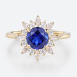 1ct Round Cut Lab Sapphire Ring Sunburst Halo Engagement Ring Cluster Bridal Ring in Yellow Gold