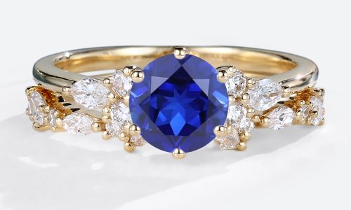 1ct Lab Grown Sapphire and Diamond Ring Set with wedding Band in Yellow Gold