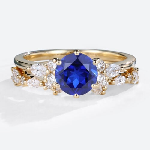 1ct Lab Grown Sapphire and Diamond Ring Set with wedding Band in Yellow Gold