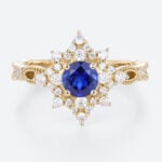 Yellow Gold Lab Sapphire and Diamond Ring 0.5ct Vintage Engagement Ring in Star-Shaped