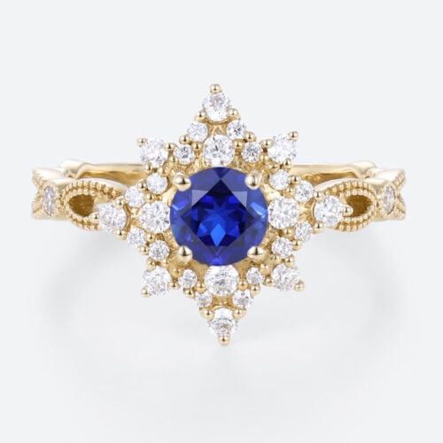 Yellow Gold Lab Sapphire and Diamond Ring 0.5ct Vintage Engagement Ring in Star-Shaped