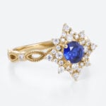 Yellow Gold Lab Sapphire and Diamond Ring 0.5ct Vintage Engagement Ring in Star-Shaped