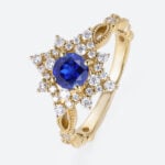 Yellow Gold Lab Sapphire and Diamond Ring 0.5ct Vintage Engagement Ring in Star-Shaped