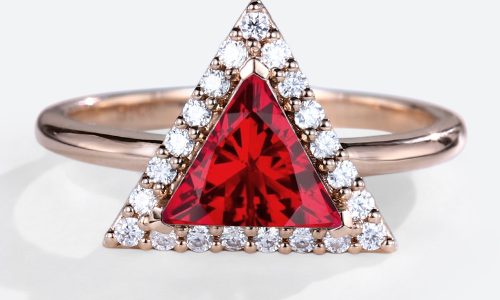 Vintage 1.2ct Lab Ruby Rings Halo Triangle Cut Engagement Ring in Rose Gold