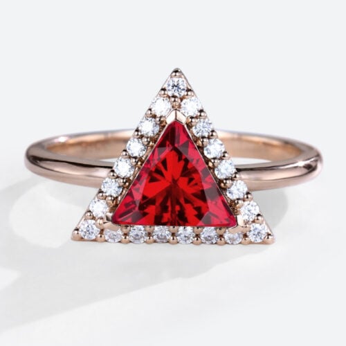 Vintage 1.2ct Lab Ruby Rings Halo Triangle Cut Engagement Ring in Rose Gold