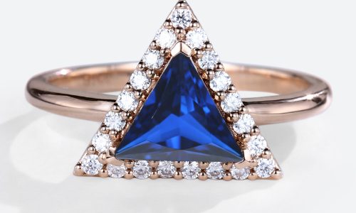 Lab Diamond and Sapphire Ring 1.2ct Triangle Cut Modern Bridal Ring in Rose Gold
