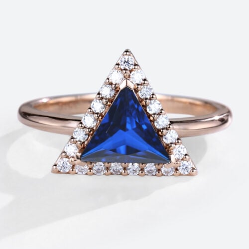 Lab Diamond and Sapphire Ring 1.2ct Triangle Cut Modern Bridal Ring in Rose Gold