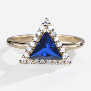 Lab Diamond and Sapphire Ring 1.2ct Triangle Cut Modern Bridal Ring in Yellow Gold
