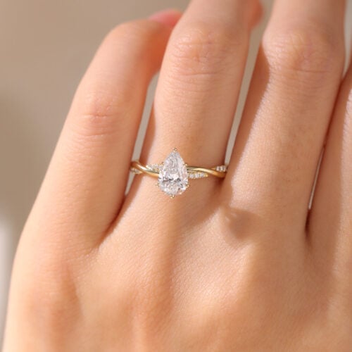 Yellow Gold Engagement Ring Pear Shaped Lab Diamonds Rings