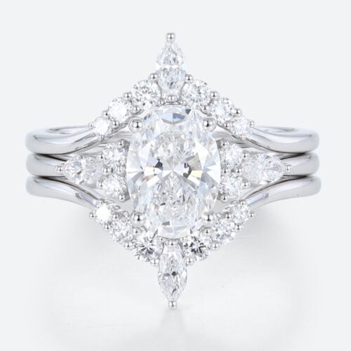 1.5ct Oval Lab Diamond Ring Set Classic Vintage 4-Prong Engagement Ring Set in White Gold
