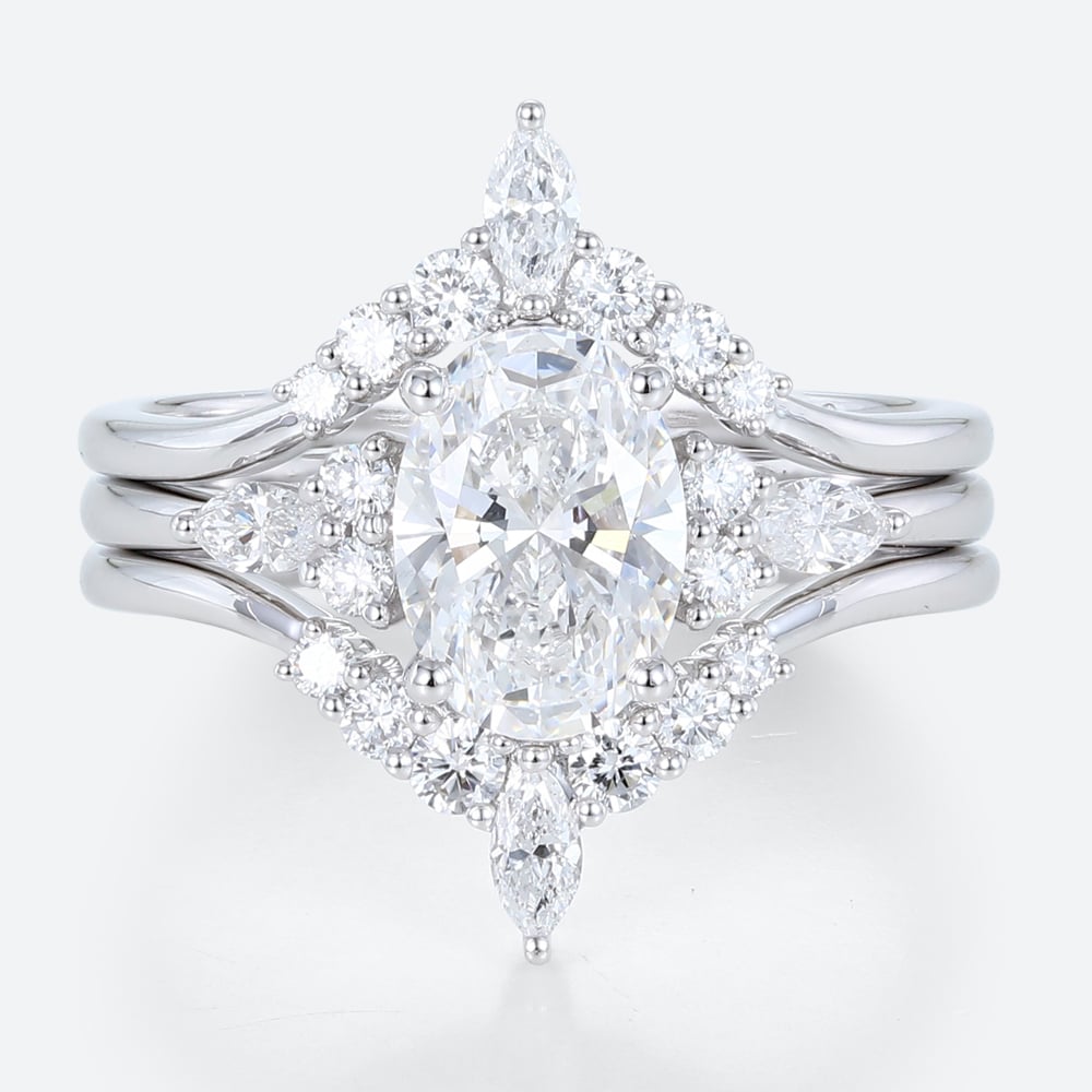 1.5ct Oval Lab Diamond Ring Set Classic Vintage 4-Prong Engagement Ring Set in White Gold