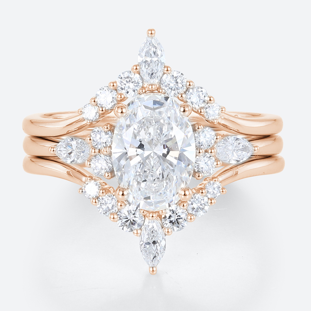 1.5ct Oval Lab Diamond Ring Set Classic Vintage 4-Prong Engagement Ring Set in Rose Gold