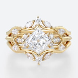 1ct Lab Grown Diamond Rings​ Set Princess Cut Engagement Ring in Yellow Gold