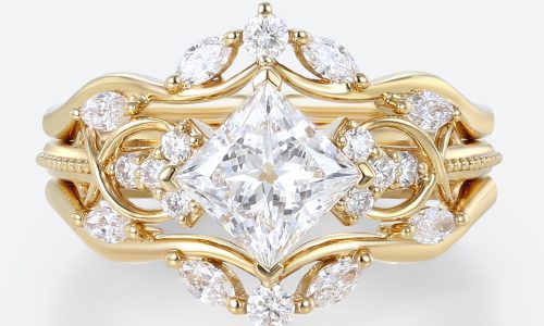 1ct Lab Grown Diamond Rings​ Set Princess Cut Engagement Ring in Yellow Gold